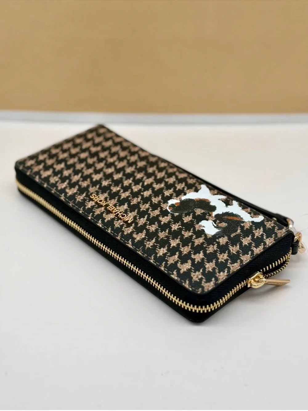 Michael Kors Black & Beige Houndstooth Continental Wallet with Dog Appliqué